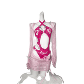 TDH Original Barbie Pink Glitter 3D Studded Cutout Bodysuit + Distressed Knit Mini Skirt Hot Girl Cosplay Costume Set - Halloweez