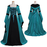 New Women's Halloweez Vintage Medieval Costume - Renaissance Victorian Square Neck Flare Sleeve Lace Patchwork Gothic Dress - Halloweez