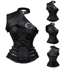 Medieval Dark Gothic Style Crusader Knightess Corset Top - Leather Look Bustier with Lace-Up Front and Adjustable Straps for Cosplay Costumes - Halloweez