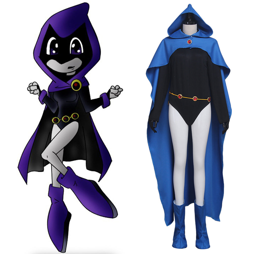 Halloweez Teen Titans Raven Cosplay Costume - Blue Cape & Unitard Superhero Halloween Outfit - Halloweez