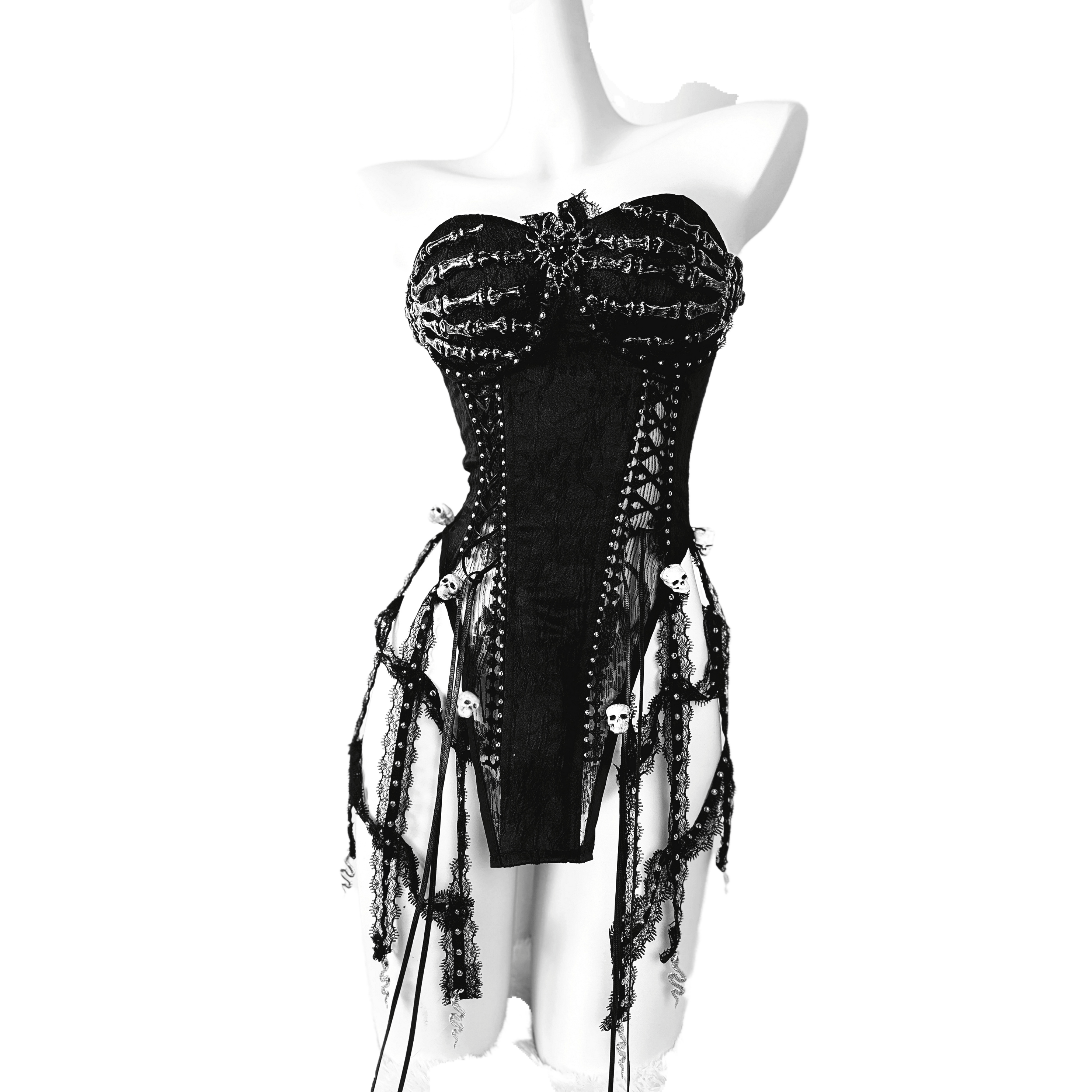 Celebrity Inspired TDH Original Heavy Work Handmade Pure Black Gothic Lace-Up Corset Cage Affordable Bustier Top with Built-in Pads - Halloweez
