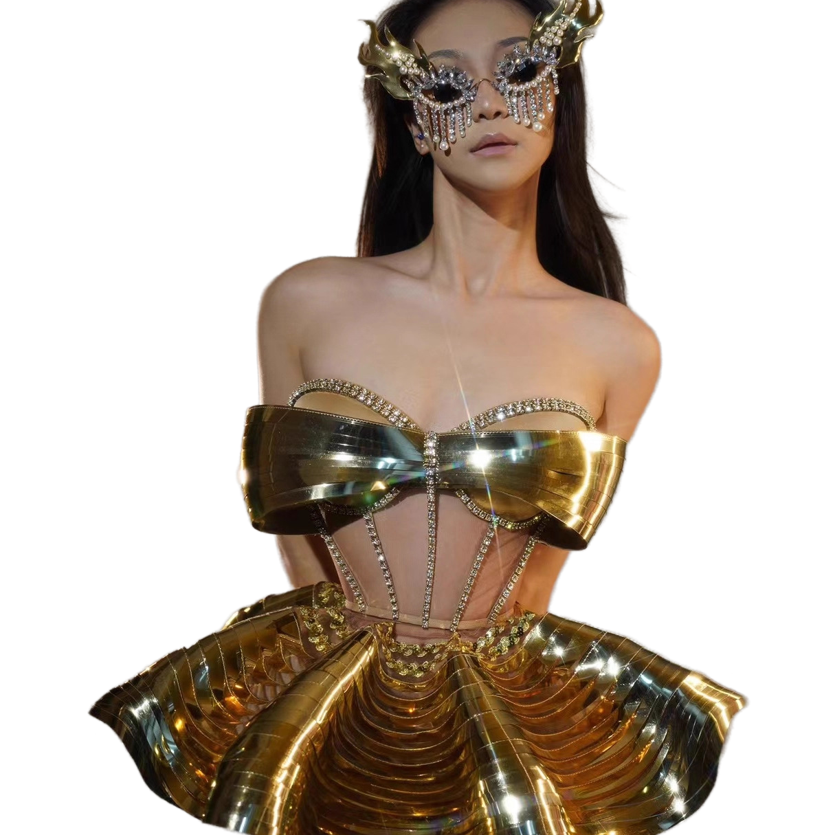Masked Lady Mechanical Style Stage Costume Golden Sequin Girl Group Performance Cosplay Dress for Party Photography - Halloweez