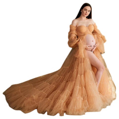 Halloweez Orange Sweetheart Maternity Cosplay Dress with Sheer V-Neck and Flowing Tulle Skirt for Women - Halloweez