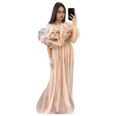 Off Shoulder Crinkle Sheer Maternity Cosplay Dress for Pregnancy Photos White Pink Lace Evening Gown - Halloweez