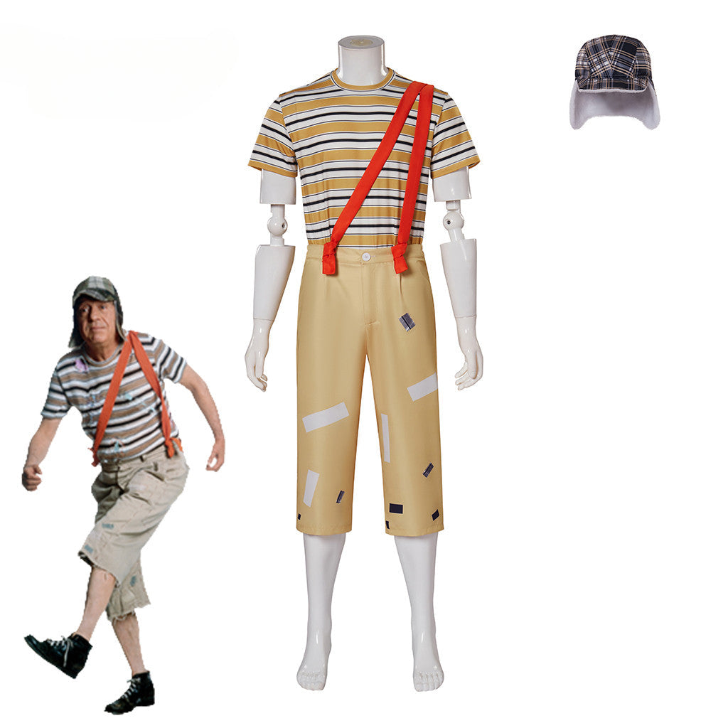 Halloweez El Chavo Del Ocho Costume Men Stripe T-Shirt Pants Set with Hat for Adult Halloween Outfits - Halloweez