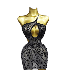 Sexy Sheer Mesh Diamond Backless Bodycon Dress for Nightclub Cosplay Party - Black - Halloweez
