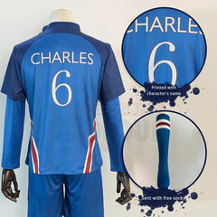 Halloweez Blue Lock Anime Charles Cosplay Costume P.X.G Jersey NO.6 with Embroidery Football Uniform Tops Shorts T-shirt Socks - Halloweez