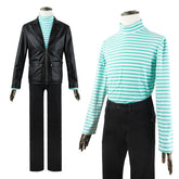 Halloweez Rin Itoshi Cosplay Costume - Blue Lock Anime Faux Leather Jacket & Cotton Strip Shirt - Halloweez