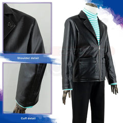 Halloweez Rin Itoshi Cosplay Costume - Blue Lock Anime Faux Leather Jacket & Cotton Strip Shirt - Halloweez