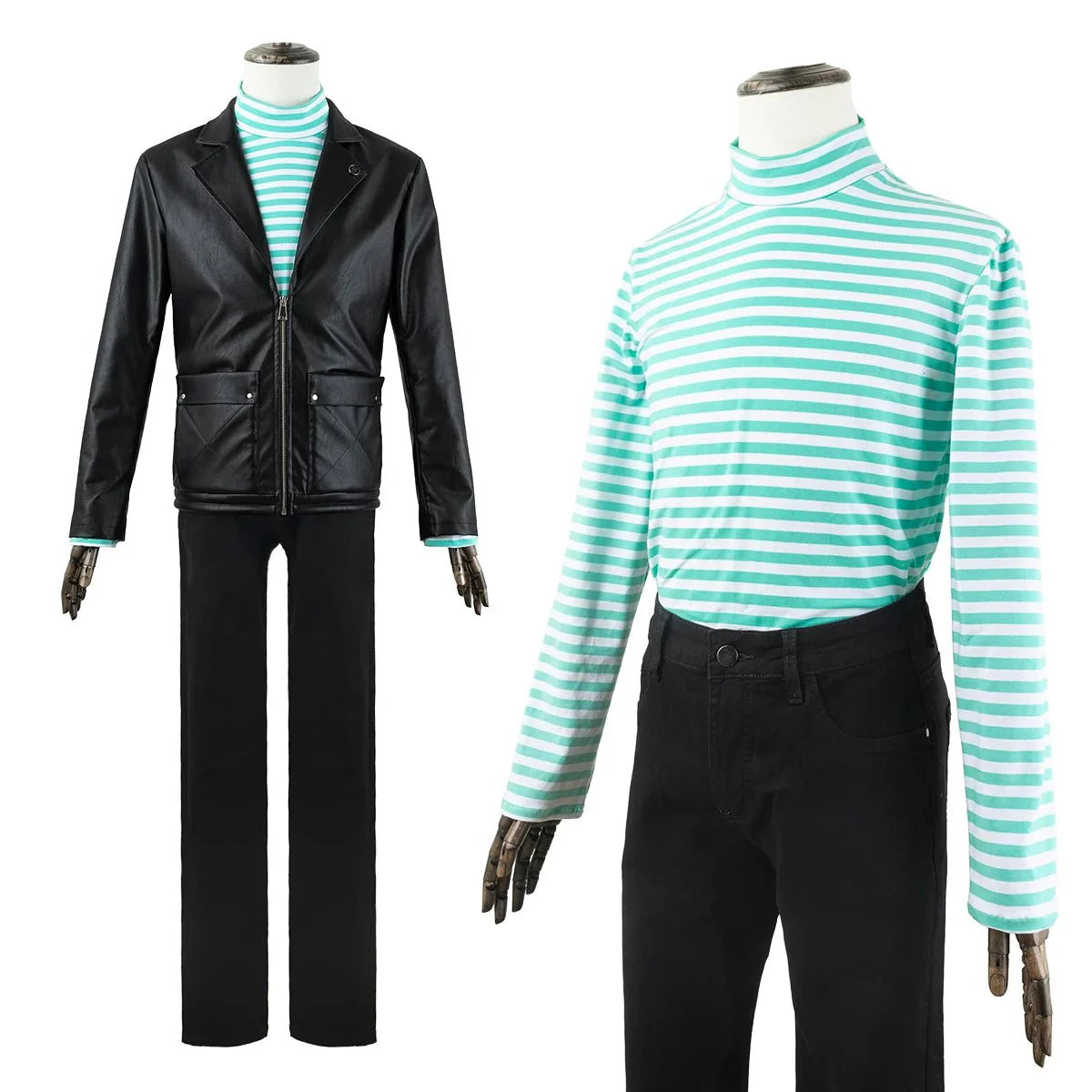 Halloweez Rin Itoshi Cosplay Costume - Blue Lock Anime Faux Leather Jacket & Cotton Strip Shirt - Halloweez