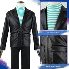 Halloweez Rin Itoshi Cosplay Costume - Blue Lock Anime Faux Leather Jacket & Cotton Strip Shirt - Halloweez