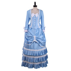 Elegant Blue Victorian Bustle Dress with Lace | Ideal for Cosplay, 19th Century Style & Themed Events - Halloweez