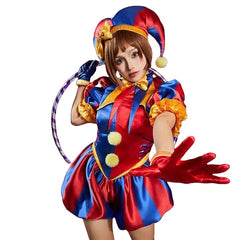 Harley Quinn Jester Costume - Red & Blue Clown Cosplay Outfit with Hat Gloves Socks for Halloween - Halloweez