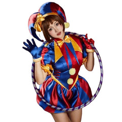 Harley Quinn Jester Costume - Red & Blue Clown Cosplay Outfit with Hat Gloves Socks for Halloween - Halloweez