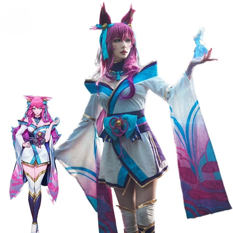 Halloweez Spirit Blossom Ahri Cosplay Costume Set with Wig - Women's Kimono Dress - Halloweez
