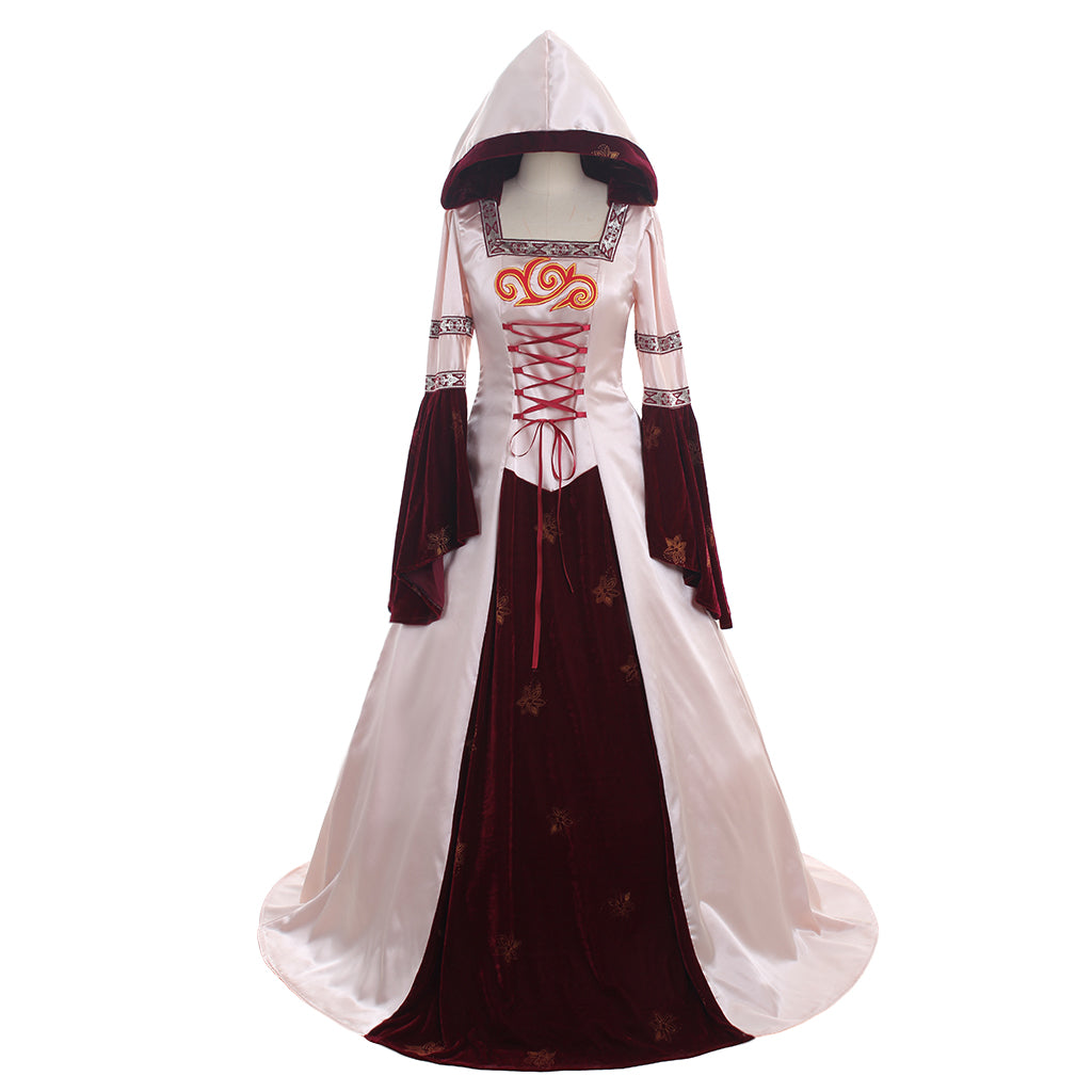 Elegant Pink Medieval Dress Cosplay with Hood - Satin/Velvet Custom Made Ball Gown - Halloweez