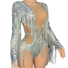 Sexy Sheer Mesh Stage Costume for Live Performance - Silver T-Show Fashion Outfit for Bar Singers, Band Performances & Livehouse Events - Halloweez