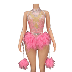 GC Singer Dance Shiny Diamond Stretchy Slim Pink Mesh Bodysuit Stage Performance Costume Women Flash Diamond - Light Green - Halloweez