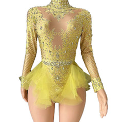 GC Singer Dance Rhinestone Stretchy Slimming Pink Mesh Bodysuit Stage Performance Costume Female Flash Diamond Girl Group - Halloweez