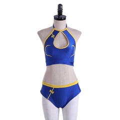 Halloweez Chun-Li Cosplay Costume | Blue Alluring Battle Outfit | Street Fighter Chun-Li Crop Top & Shorts Ensemble - Halloweez