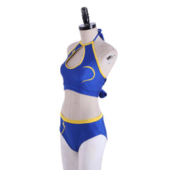 Halloweez Chun-Li Cosplay Costume | Blue Alluring Battle Outfit | Street Fighter Chun-Li Crop Top & Shorts Ensemble - Halloweez