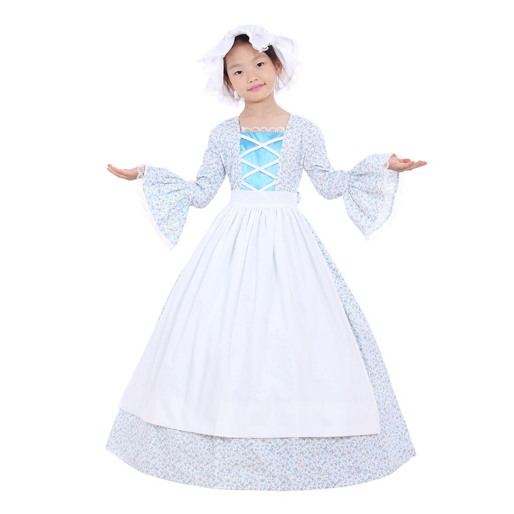 Halloweez Colonial Girls Cosplay Costume | Victorian Era Inspired Dress with Hat & Floral Print for Kids - Halloweez