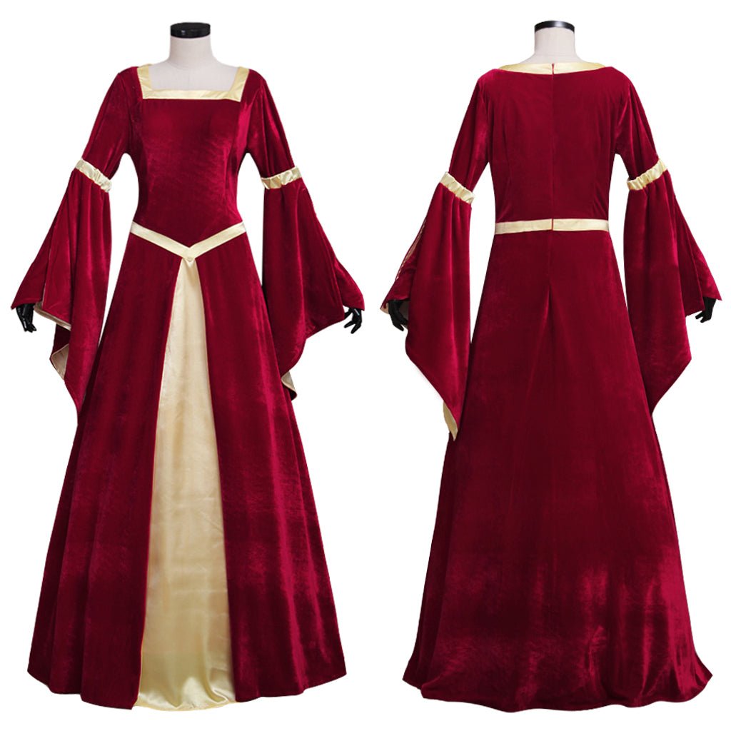 Exclusive Handcrafted Medieval Velvet Dress with Trumpet Sleeves for Women | Perfect for Weddings and Themed Parties - Halloweez