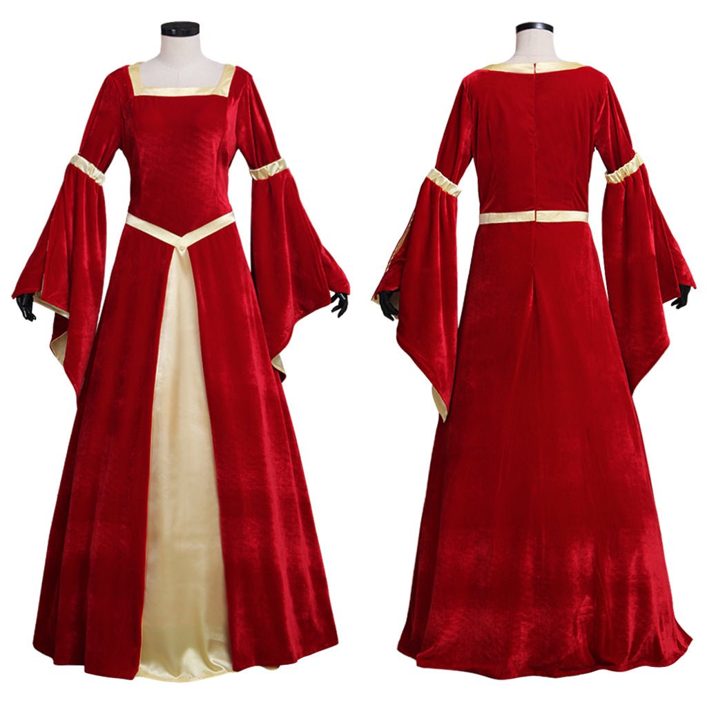 Exclusive Handcrafted Medieval Velvet Dress with Trumpet Sleeves for Weddings and Parties | Halloweez - Halloweez