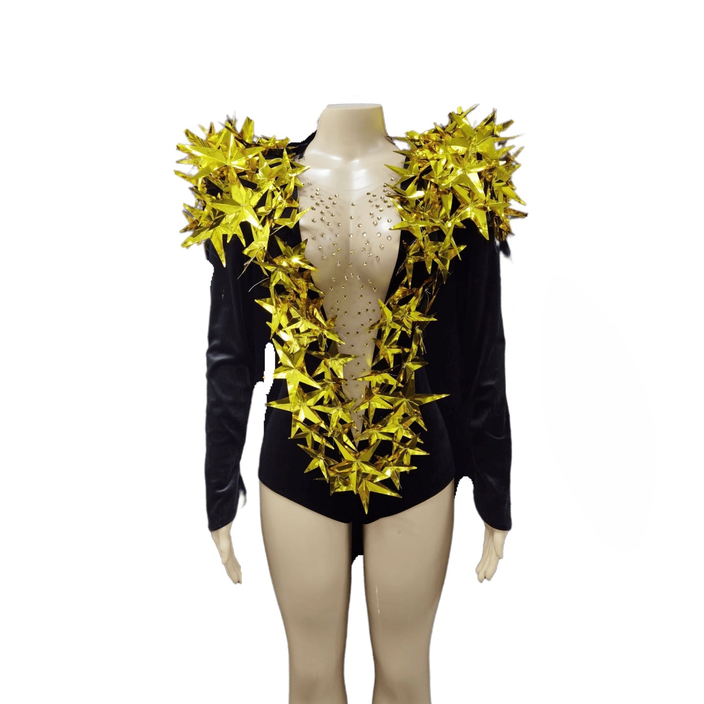 Sexy Gold Star Shoulder Pad Bodysuit Stage Costume for Concert Performance Music Show Cosplay - Halloweez