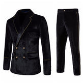 2025 Spring Summer New Men's Velvet Gold Trim Double Breasted Suit Set Formal Wear Performance Costume - Halloweez
