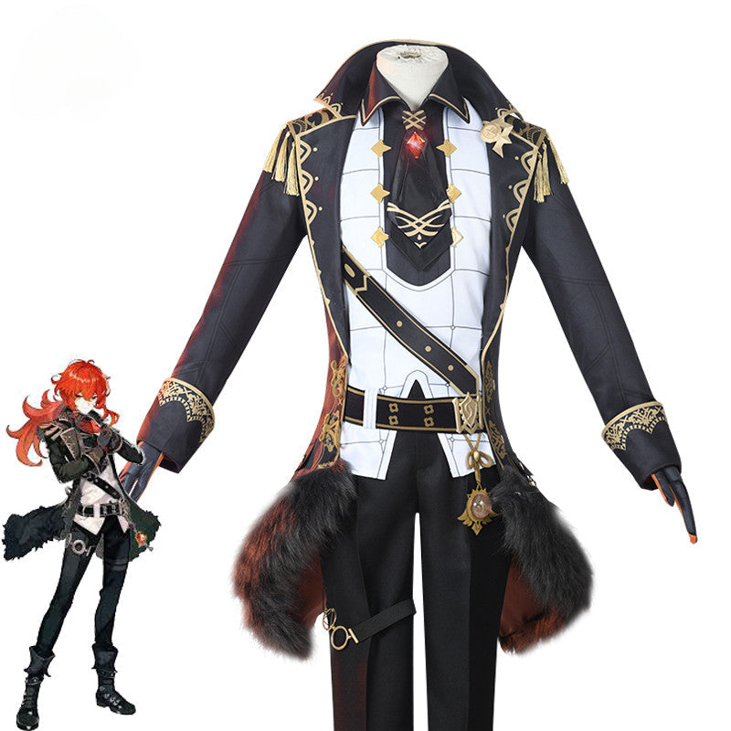 Halloweez Diluc Cosplay Costume - Men's Black Game Impact Uniform Set for Halloween - Halloweez