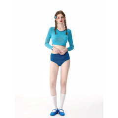 2026 New Rainbow Series Dopamine Women Swimsuit, Korean High-end Long Sleeve UV Protection Split High Waist Tankini Micro Bikini for Snorkeling Beach - Halloweez