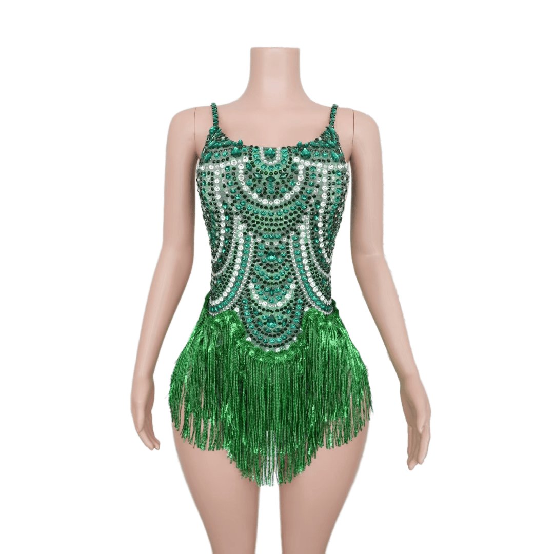 Blue Rhinestone Fringe Necklace Stage Costume - Shimmering Blue Crystal Fringe Performance Outfit for Latin Dance, Club Party, Circus Show - Halloweez