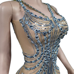 Sexy Silver Sequin Feather Hem Bodycon Evening Dress for Women - Backless Glamorous Cosplay Costume - Halloweez