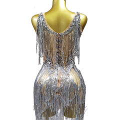 Fringe Dress Performance Costume Silver Dancewear Show Outfit Party Wear Sleeveless Halter Neck Performance Attire - Halloweez