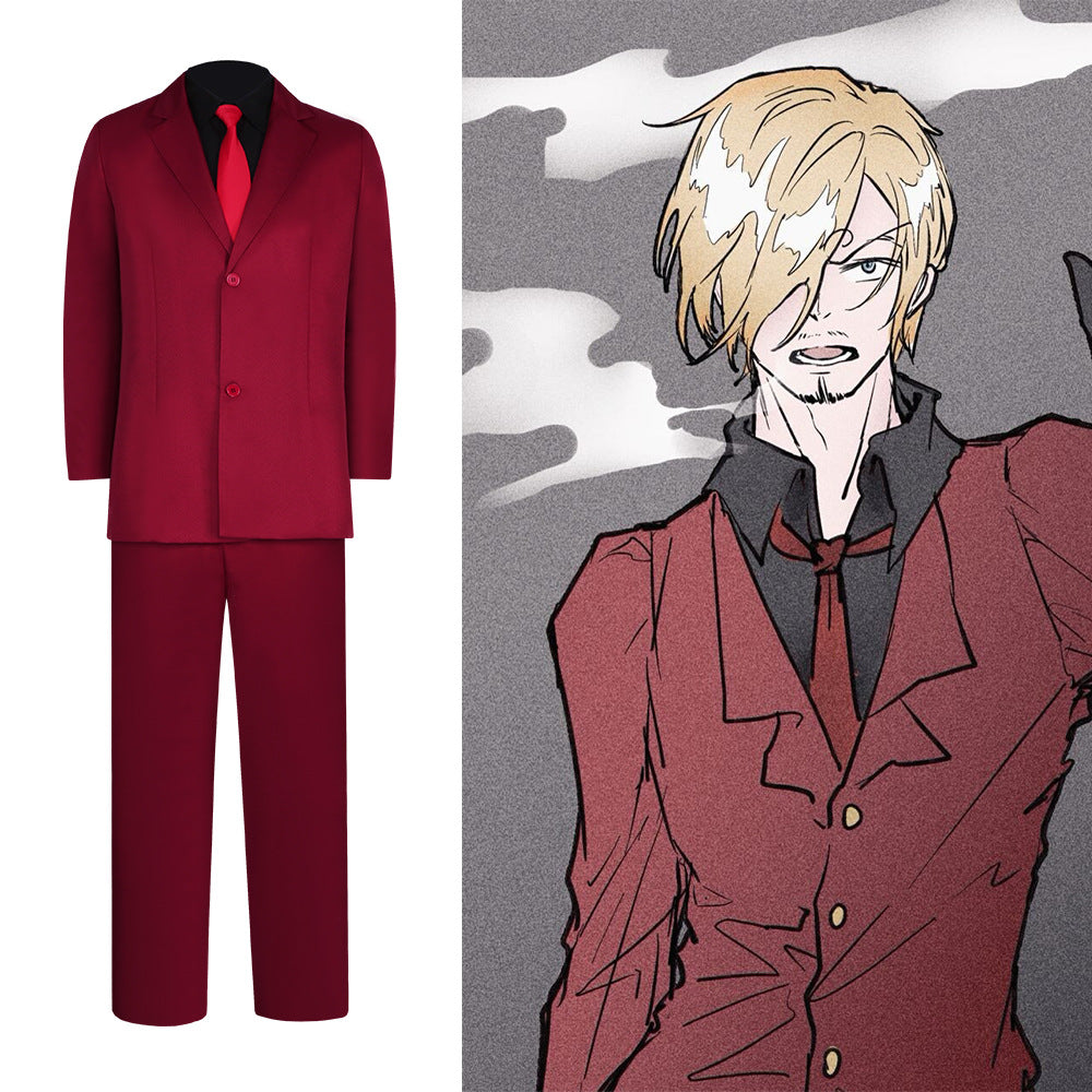 ONEPIECE Sanji Cosplay Costume Red Suit Anime Role Play Full Set - Halloweez