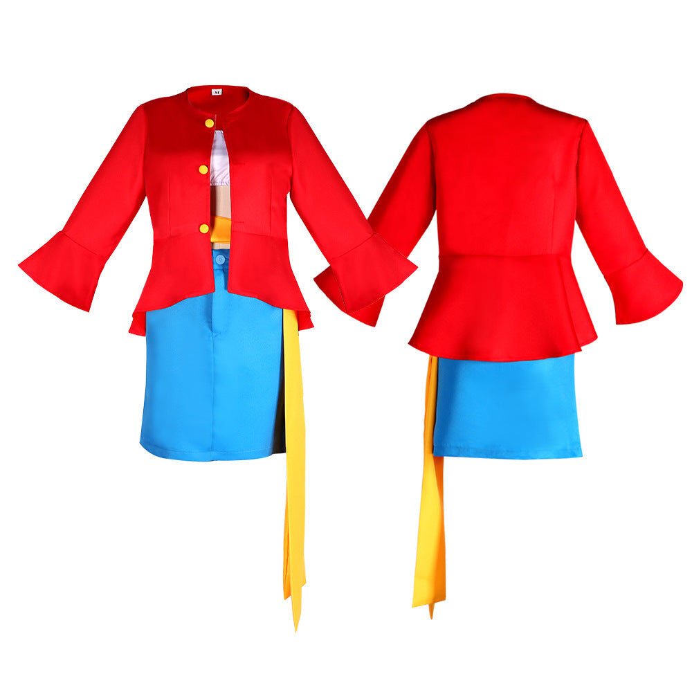 One Piece Two Years Later Straw Hat Luffy Cosplay Costume Gender-Bending Dress with Straw Sandals - Halloweez