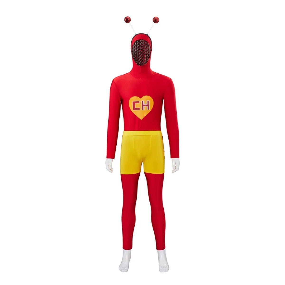 Halloweez El Chapulin Colorado Costume - Red Bodysuit with Heart Print for Men's Halloween Cosplay - Halloweez