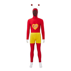 Halloweez El Chapulin Colorado Costume - Red Bodysuit with Heart Print for Men's Halloween Cosplay - Halloweez