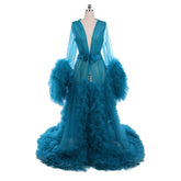 Exquisite Wedding Boudoir Robe | 18th Century Inspired Blue Sheer Tulle Long Pajamas for Women by Halloweez - Halloweez