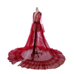 Elegant 18th Century Medieval Red Mesh Halloweez Bridal Robe with Tulle Illusion - Halloweez