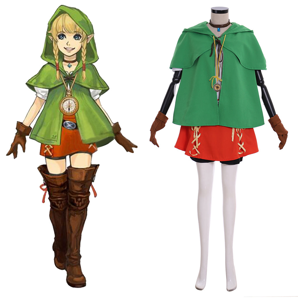 Halloweez Linkle Cosplay Elf Costume Full Set with Green Cloak, Shirt, Pants, and Skirt - Halloweez
