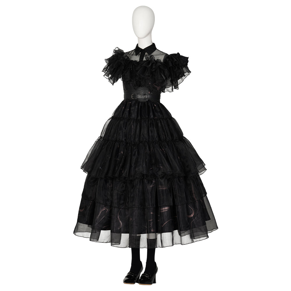 Halloweez Wednesday Addams Cosplay Costume - Black Gothic Dress with Shoes for Adults - Ideal for Halloween, Carnivals, and Themed Events - Halloweez