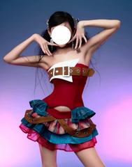 Arcane Vi Cosplay, Custom Red Brown Denim Stage Outfit for DJ Live & Halloween Comic Con