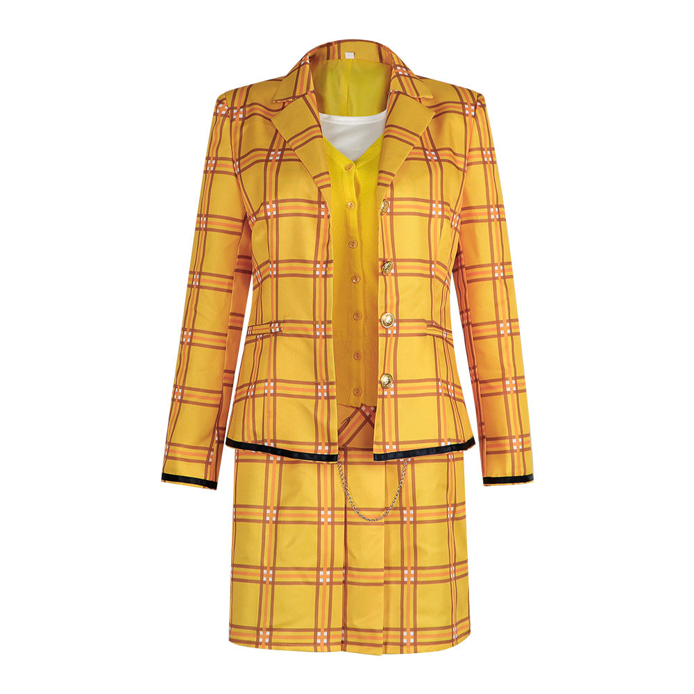 Clueless Movie Cher Horowitz Cosplay Costume Yellow Plaid Skirt Suit Uniform - Halloweez