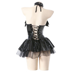 Mirror PU Halter Tie Bat Little Devil Sheer Mini Skirt Cosplay Costume Anime Lolita Goth Outfit - Halloweez