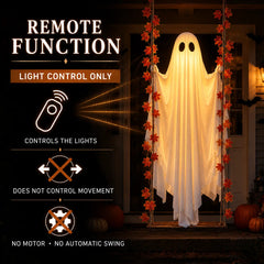 Spooky 1.2m LED Light-Up Swinging Ghost Halloween Decoration with Wooden Maple Leaf Garland, Remote Control, Hanging Outdoor Porch Decor for Yard, Tree & Party