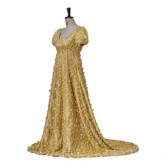 Elegant Gold Silk Empire Gown - Timeless Regency Dress for Halloweez, Holidays, and Special Events - Halloweez