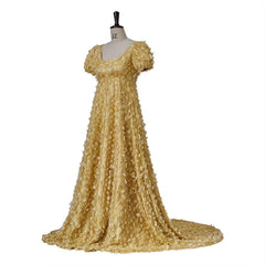 Elegant Gold Silk Empire Gown - Timeless Regency Dress for Halloweez, Holidays, and Special Events - Halloweez