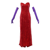 Stunning Jessica Rabbit Red Sequined Cosplay Dress with High Split and Purple Gloves by Halloweez - Halloweez